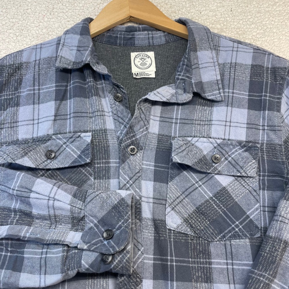 Voyager Flannel Shirt Mens M Blue Plaid Thermal Lined Waffle Knit Button Up